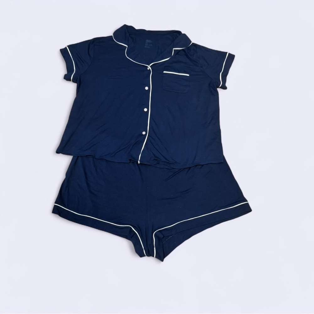 Target stars above Dark Blue Women's Pajama Set with white trim loungewear set